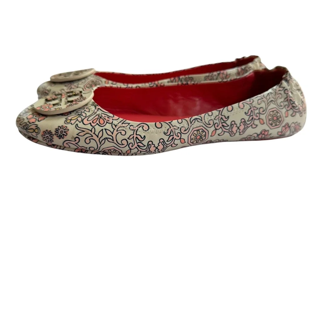 Tory Burch Minnie Travel Ballet Flats Cream Pink Floral Paisley Leather Size 9